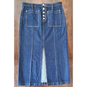 LOFT Denim Midi Skirt 10 Straight Front Slit Cotton Stretch Western Casual